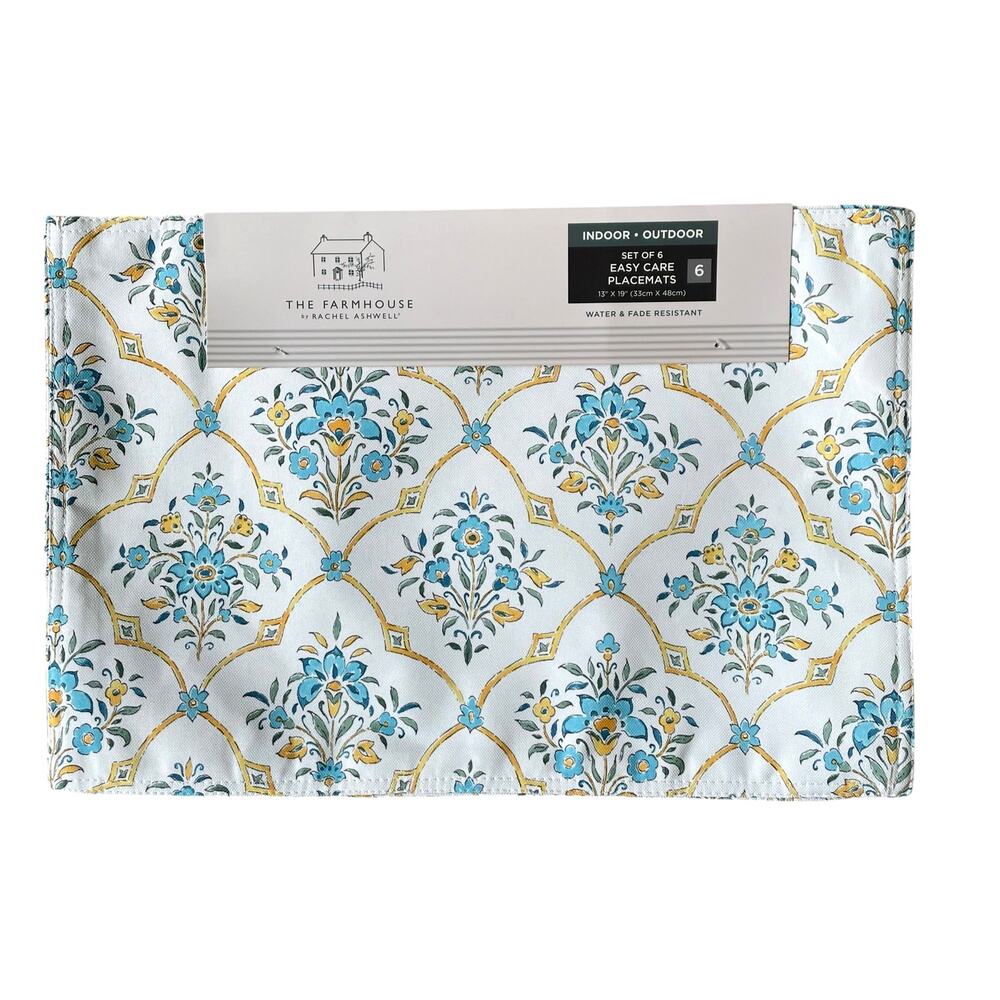 Rachel Ashwell Farmhouse Floral Placemats 13x19 Yellow Blue White Set of 6 NEW